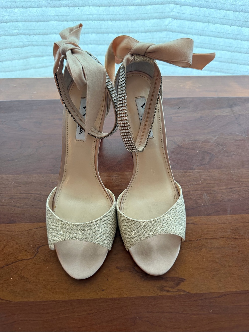 Nina “Vinnie” Champagne Glitter Ankle-Tie Heels